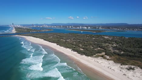 The-Spit---South-Stradbroke-Island-and-Southport---Gold-Coast---QLD---Queensland---Australia---Slow-Pull-Back-Aerial-Shot