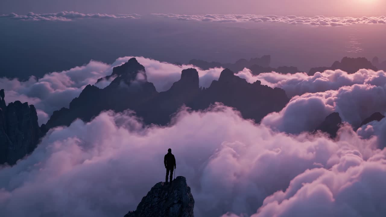Aerial video still of a lone figure on a mountain peak, surrounded by clouds at sunset