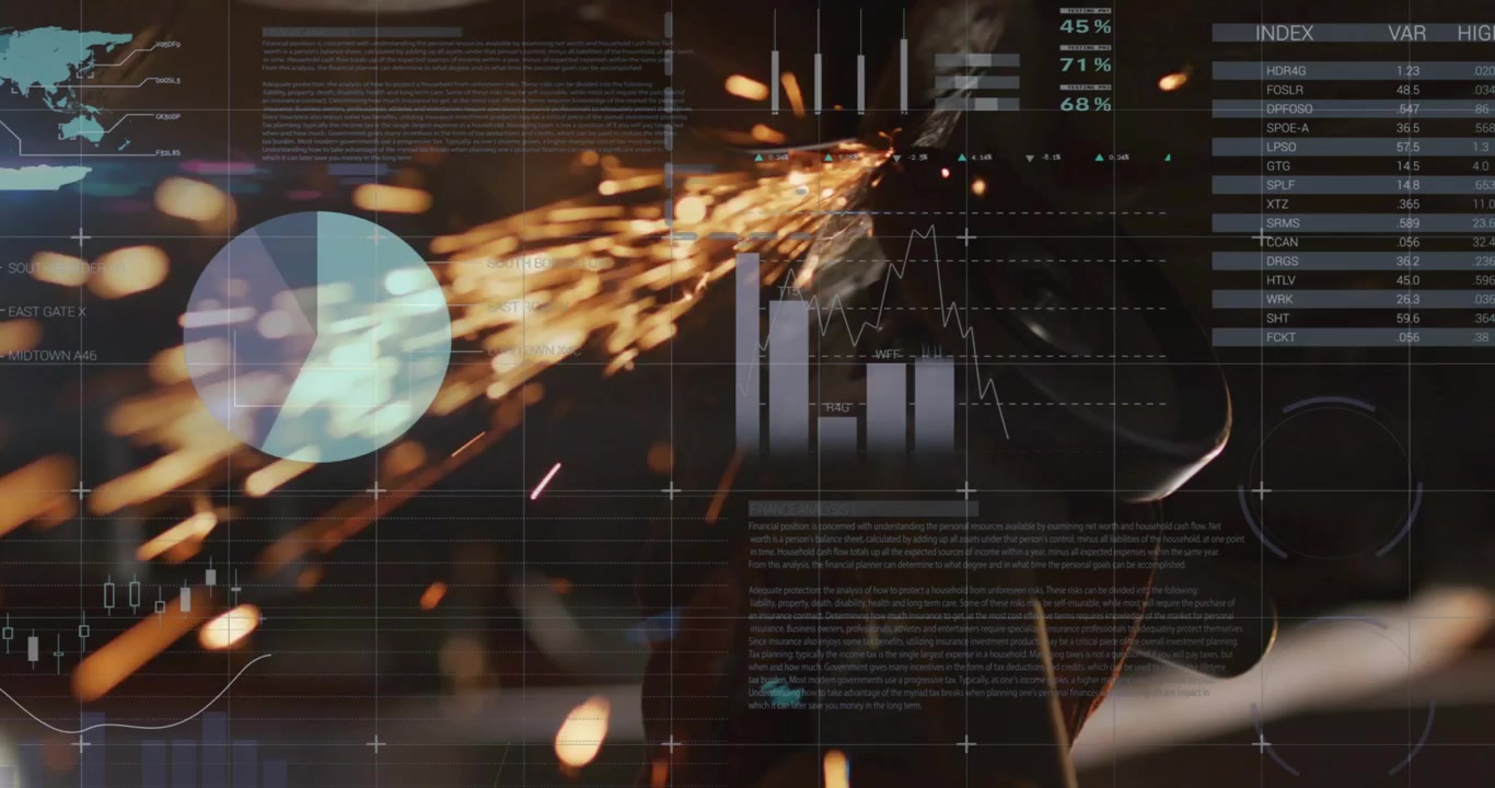 Vertical video: Metalworker grinding, touching metal and sending sparks over industrial HUD for QC