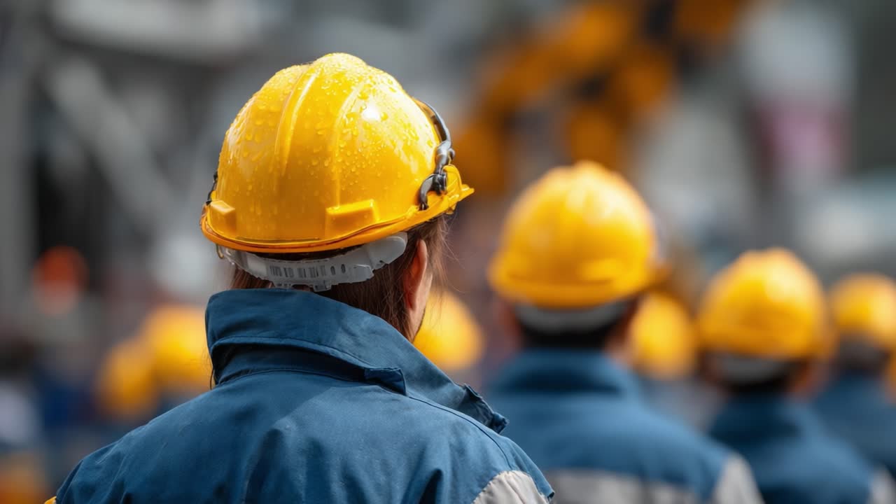 Un gruppo di operai edili con caschi gialli rivolti in avanti, che evidenziano la sicurezza e il lavoro di team in un ambiente di lavoro attivo