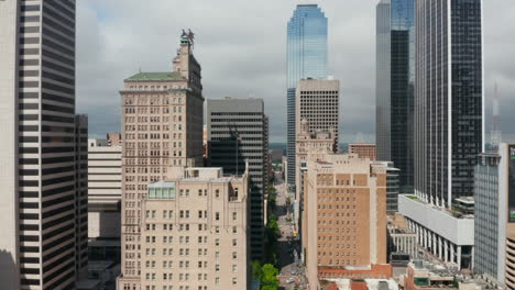 Aerial-view-buildings-downtown.-Mixture-of-old-and-modern-tall-buildings-in-city.-View-from-ascending-drone.-Dallas,-Texas,-US