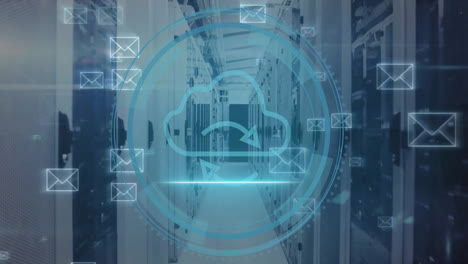 animación del icono de la nube y procesamiento de datos digitales a través de servidores informáticos