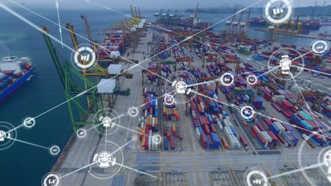 animation of network of connections with icons over shipping yard