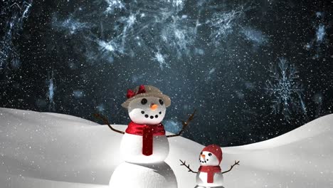 snow falling over snowwoman and snow kid on winter landscape against snowflakes on grey background