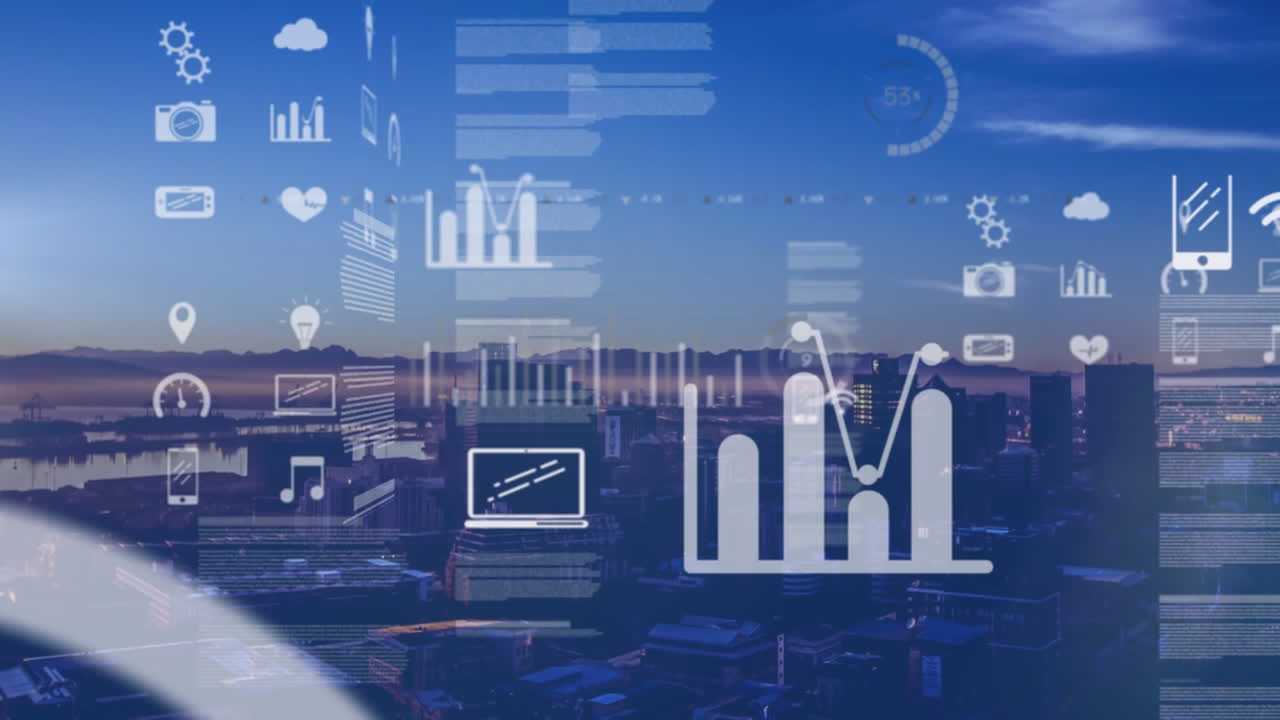 video compuesto digital de la interfaz digital con procesamiento de datos contra el paisaje urbano
