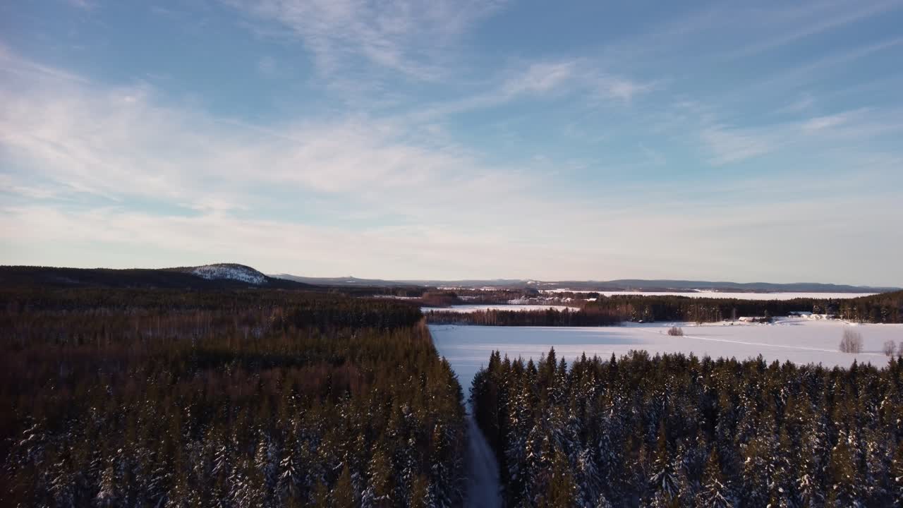 Aerial shot flying above a snow-covered road surrounded by trees covered in snow, slowly ascending above the treetops and revealing a beautiful winter landscape, with mountains in the far distance