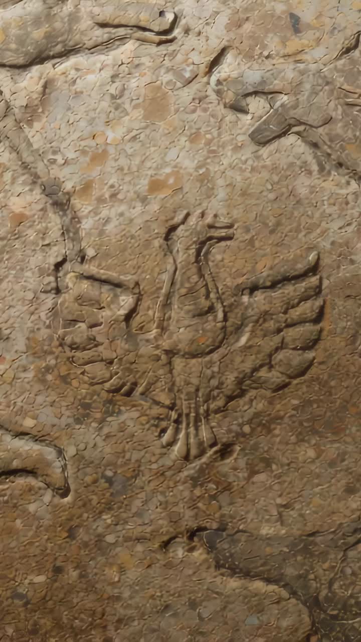 Video verticale: ripresa a mano con panoramica che inquadra il bassorilievo scolpito di un uccello in un museo, rivelando la pietra screziata