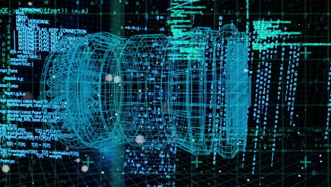 animation of data processing and binary coding over 3d engine model spinning