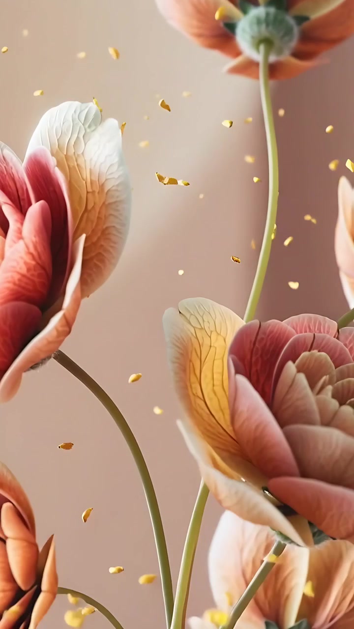 Video verticale: Panoramica della telecamera su un mazzo di ranuncoli color corallo in studio, con scaglie d'oro che fluttuano mostrando il colore.