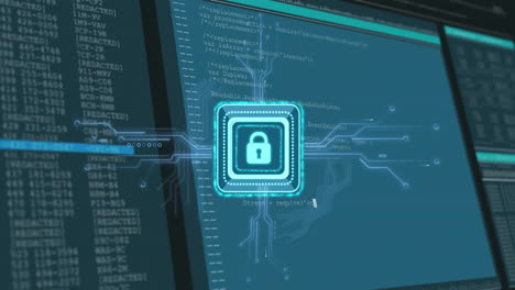 animación del icono del candado y procesamiento de datos digitales en pantallas de computadora