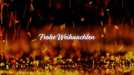 Animation-Des-Textes-„Frohe-Weihnachten“-über-Orangefarbenen-Partikeln,-Die-Auf-Schwarzen-Hintergrund-Fallen