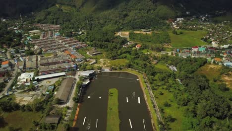 sunny day phuket island famous kathu wake park aerial panorama 4k thailand