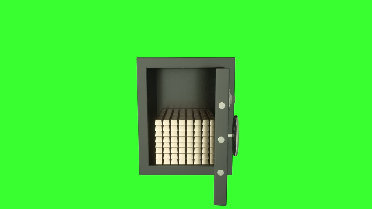 Animazione di apertura e chiusura di una cassetta di sicurezza bancaria con pila di lingotti d'oro. Chroma key, green screen