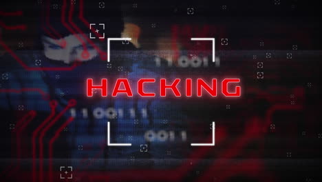 animation of hacking over integrated circuit and data over caucasian male hacker