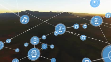 Animation-of-networks-of-connections-with-icons-over-clouds-and-sky