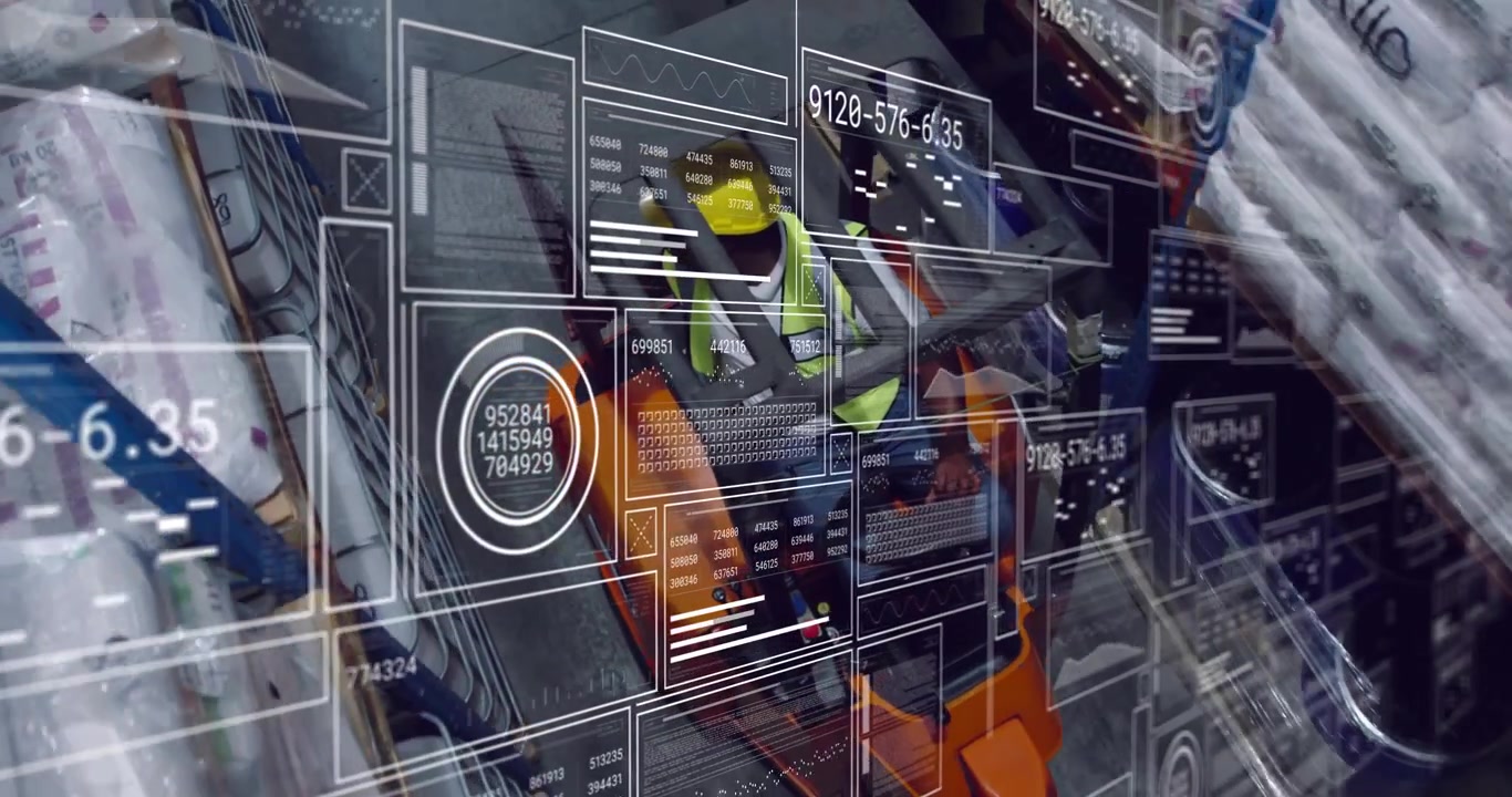 Warehouse operator scanning codes on forklift and lifting pallets guided by floating data panels