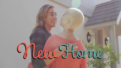 animation of new home text over gay lesbian couple embracing by house