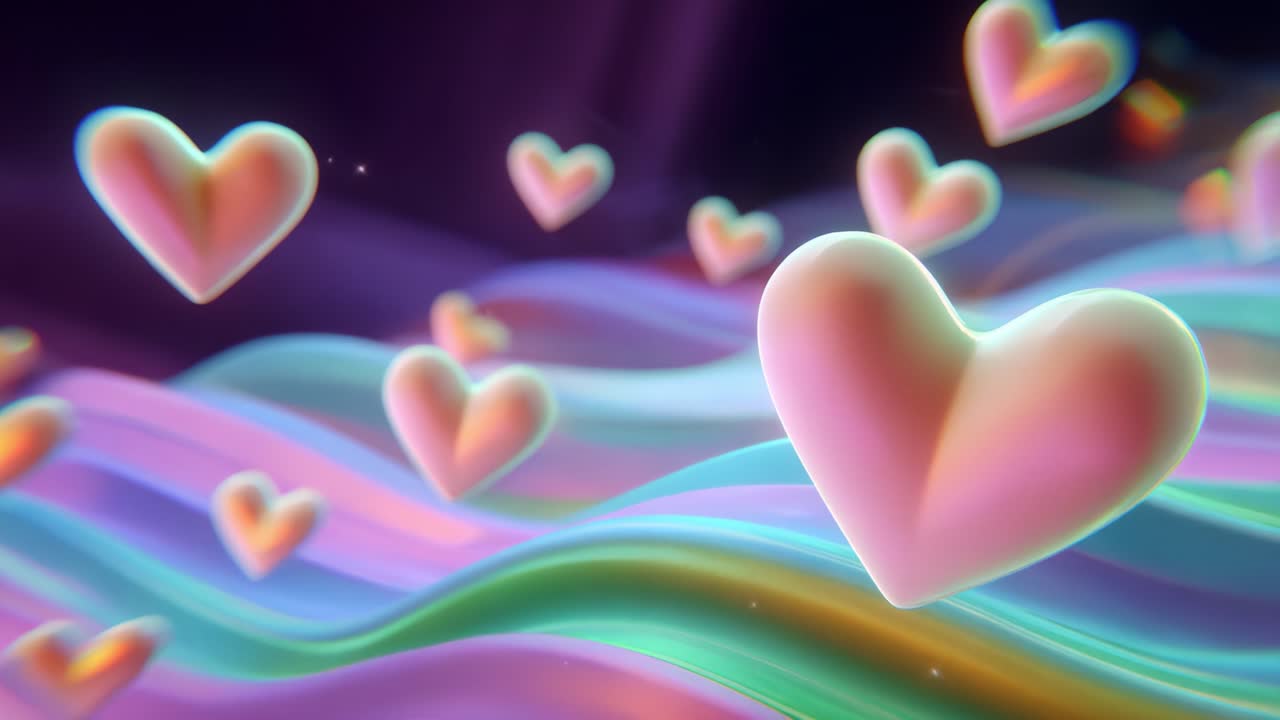 Floating Hearts in a Dreamy Fluid Landscape: A Vivid Display of Colorful Swirls and Magical Particle Effects, Creating a Whimsical Atmosphere of Love and Affection that Captivates the Senses