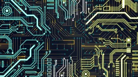 animación del procesamiento de datos en una placa de circuito luminoso de computadora