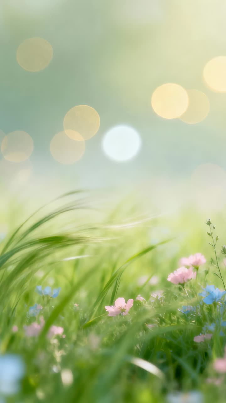 Vertical video: Swaying grass and pink blue flowers bowing in soft wind in low-angle meadow, bokeh