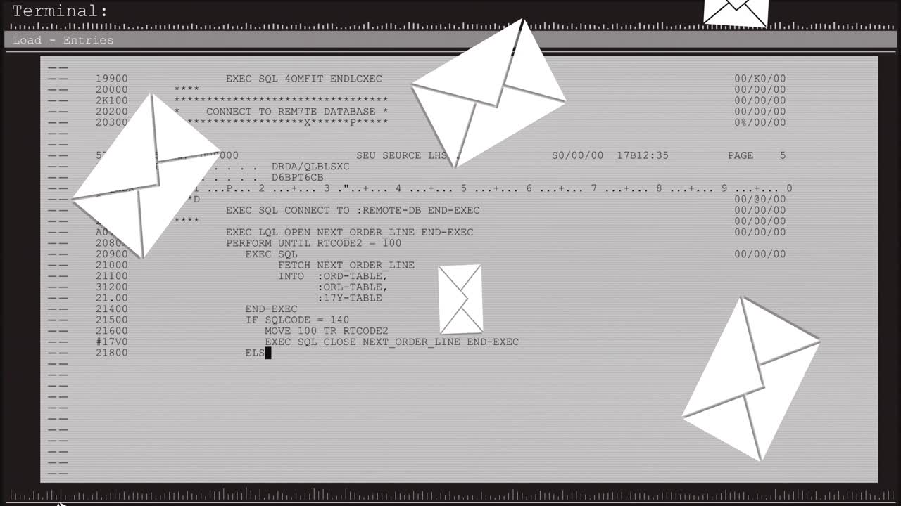 Animation of email envelope icons and data processing on computer screen in background
