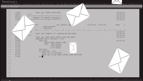 animation of email envelope icons and data processing on computer screen in background