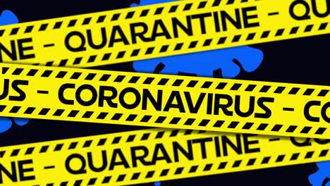 yellow police tapes with coronavirus and quarantine text against covid-19 cells