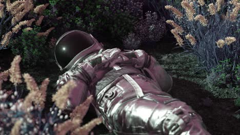 astronaut resting in a vibrant alien landscape