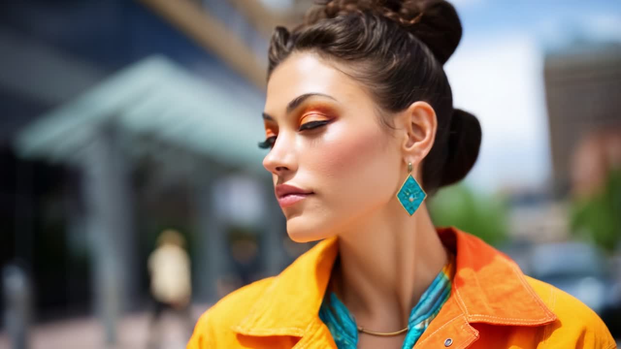 Giovane donna sicura di sé con trucco vivace e abbigliamento elegante in posa all'aperto in un ambiente urbano, che mostra un look alla moda moderno ed espressioni audaci