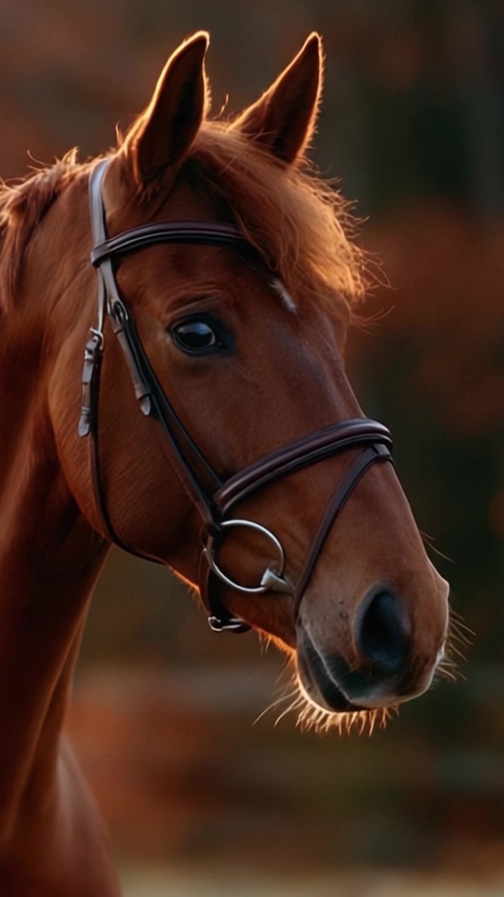Un maestoso cavallo baio catturato in luce soffusa, che mette in risalto le sue caratteristiche aggraziate e l'elegante briglia, su uno sfondo caldo autunnale.