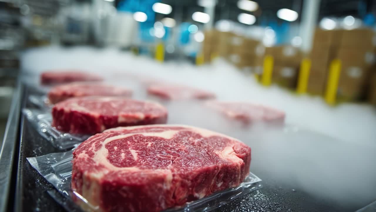 High-Quality Cuts of Meat Being Processed in a Facility with Vaporized Steam, Showcasing the Freshness and Precision of Modern Meat Packaging Techniques