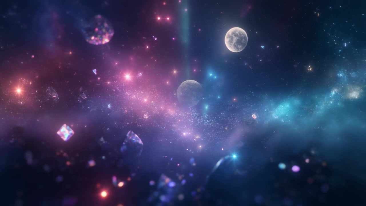 Floating Crystals Drifting Through a Vibrant Nebula Space Scene