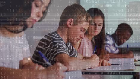 Animation-of-binary-code-over-class-of-diverse-pupils-learning-at-school