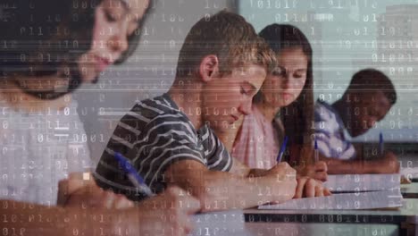 animación de código binario en una clase de alumnos diversos que aprenden en la escuela