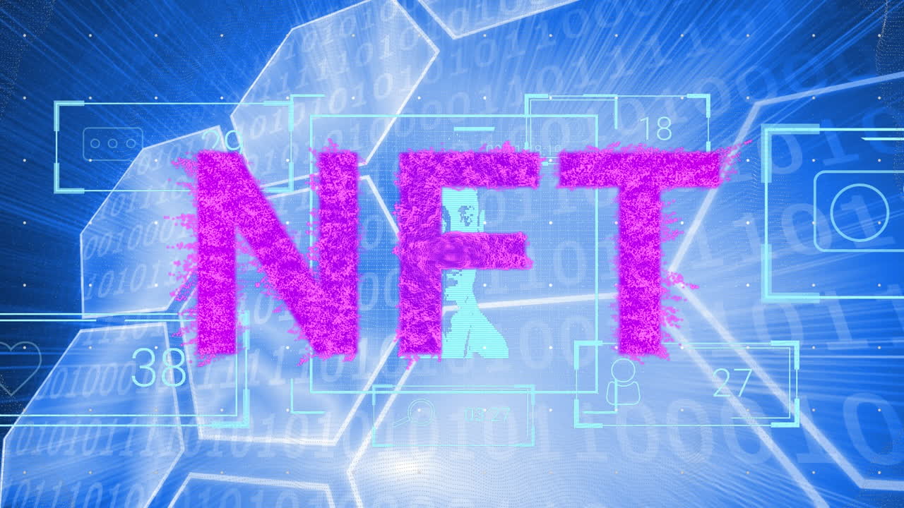 Animazione di icone di persone su testo NFT e elaborazione dati