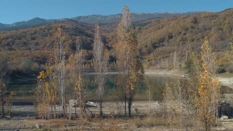 autumn lake scenery with mountain background