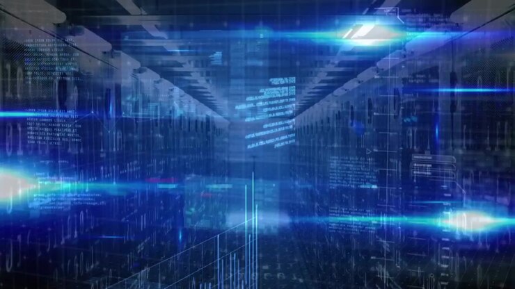 Animation of data processing and lights over servers