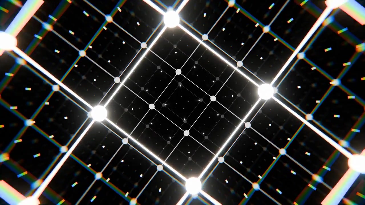 Futuristic digital grid tunnel with glowing white lights