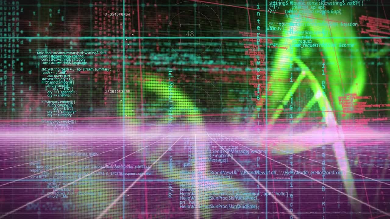 Animation von Datenverarbeitung und DNA-Strukturen über einem violetten Gitternetzwerk vor schwarzem Hintergrund