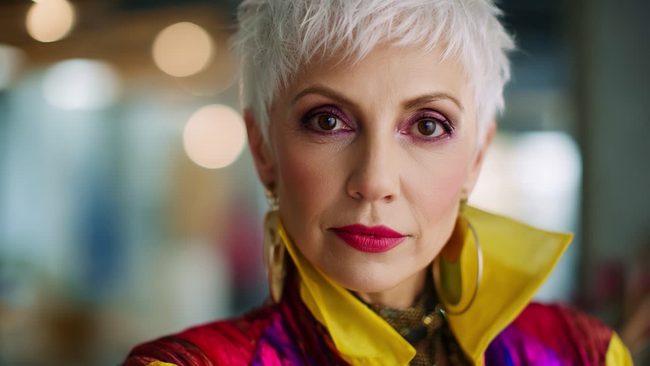 Ritratto affascinante di una donna elegante con acconciatura chic e outfit vivace, che mostra sicurezza e compostezza in un ambiente artistico