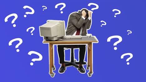malas noticias. hombre sentado en la computadora y el monitor retro. enojado conmocionado gracioso freelancer o trabajador de oficina usando internet. animación en bucle. 4k. diseño de stop motion, animación 2d. negocio y concepto de fracaso