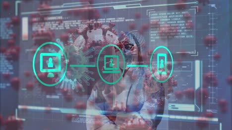 animación de iconos, células de covid-19 y datos sobre un médico caucásico en traje de ppe