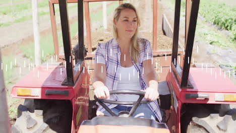 woman driving tractor in farming field, displaying animated soil moisture graph and data