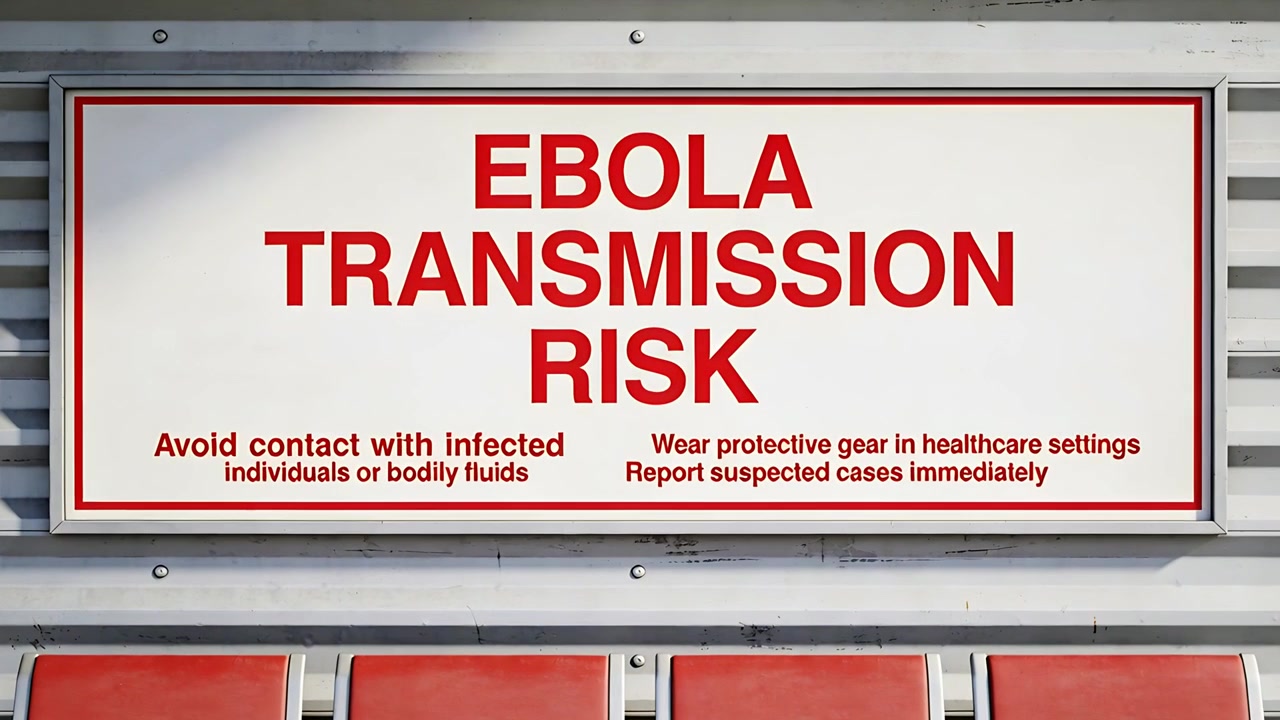 Inizio, la telecamera zooma sul cartello 'RISCHIO DI TRASMISSIONE EBOLA' sulla parete di una clinica, sottolineando l'avviso.