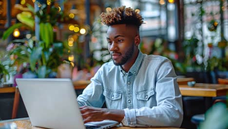 young man working on a laptop in a cafe