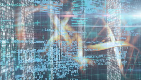 animazione di fili di dna che girano e elaborazione dei dati su server informatici