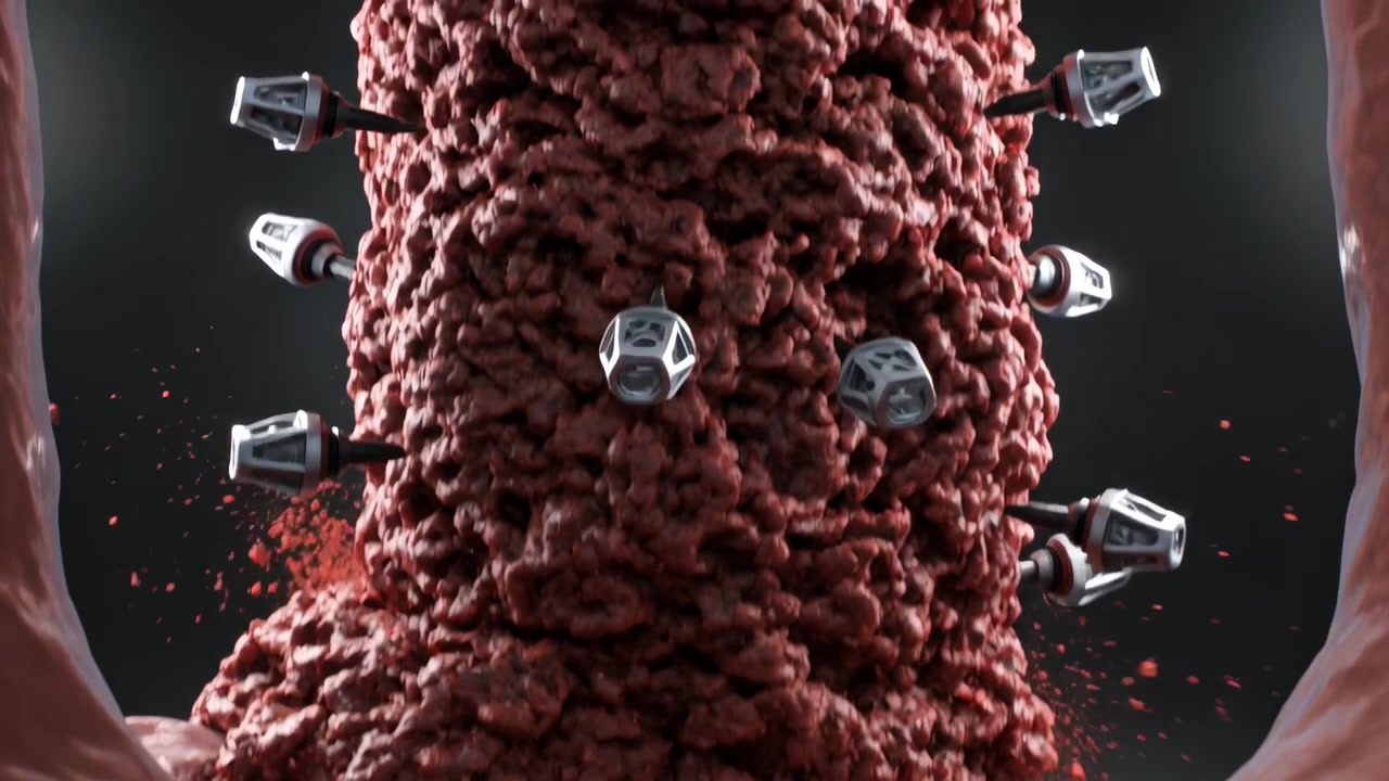 Capsule che si dispiegano da portelli ruotando su una colonna rossa per copertura, con detriti che fiancheggiano pareti carnose.