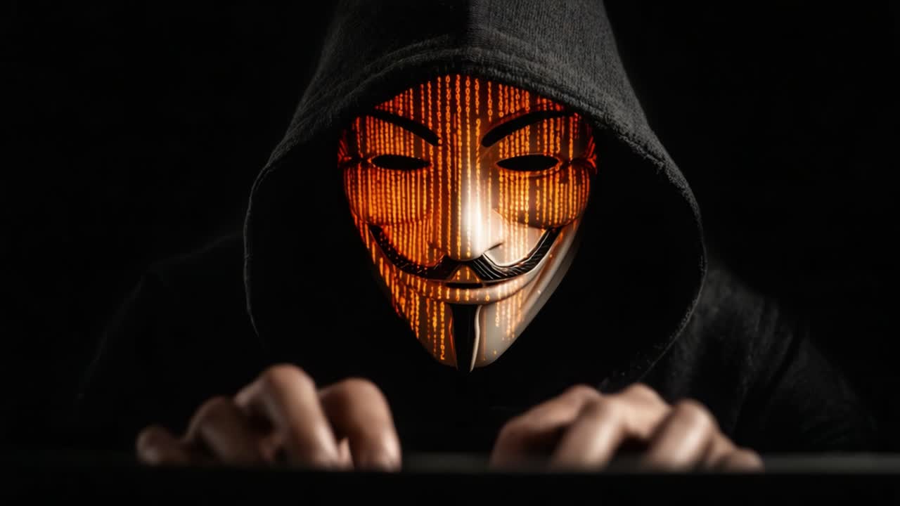 A Mysterious Figure in a Hood with a Digital Mask Typing on a Keyboard, Representing the Faceless Digital World of Hacking and Cybersecurity Threats