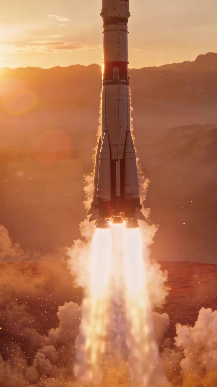 Vertical video: Igniting engines sending tall rocket up from pad to climb, making blue-core exhaust