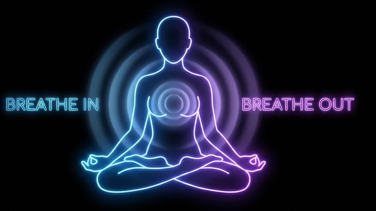 Figura al neon animata che pratica meditazione guidata di respirazione